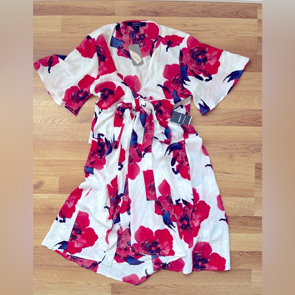 NWT Forever 21 White Floral Wrap Swing Dress